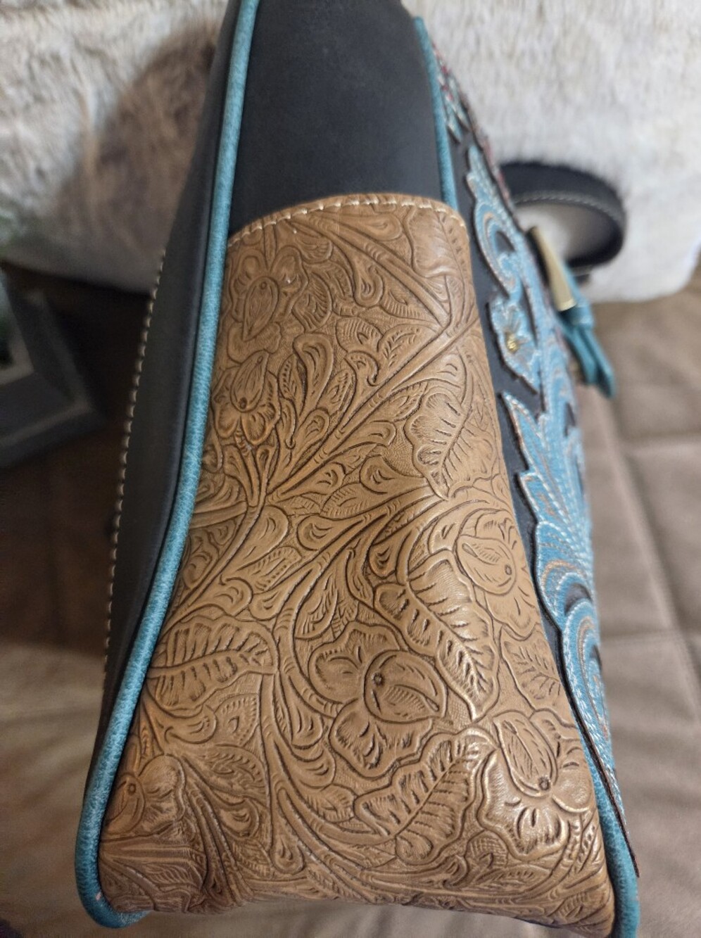 Montana West Conceal Carry Teal Tooled Floral Tote Bag with Buckle Strap - Picture 9 of 15